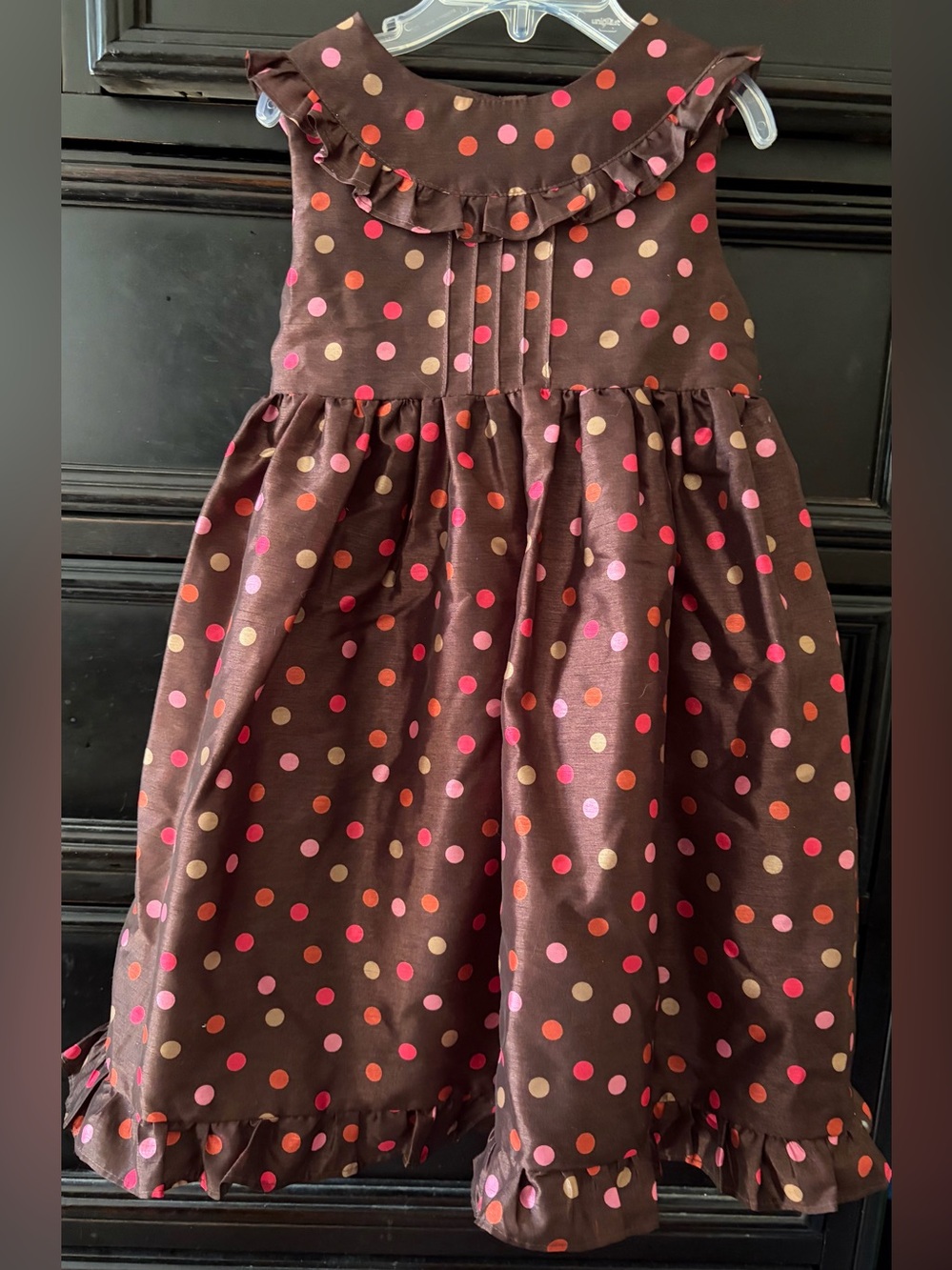Girls' Brown Polka Dot Ruffle Neck Dress